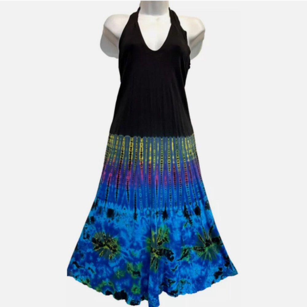 Nwt SACRED THREADS funky ethnic boho hippy tie dyed knit viscose halter DRESS M
